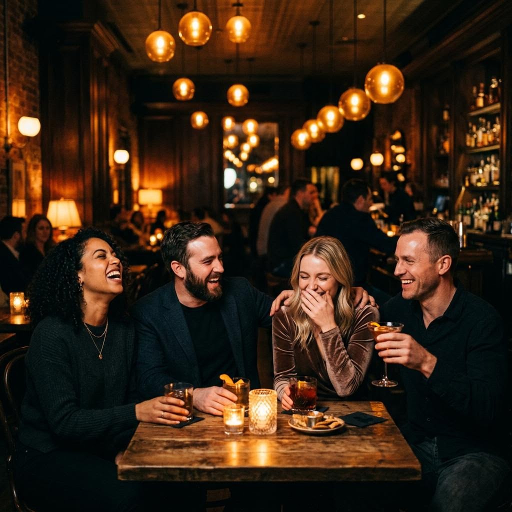 Friends laughing together in a candlelit lounge