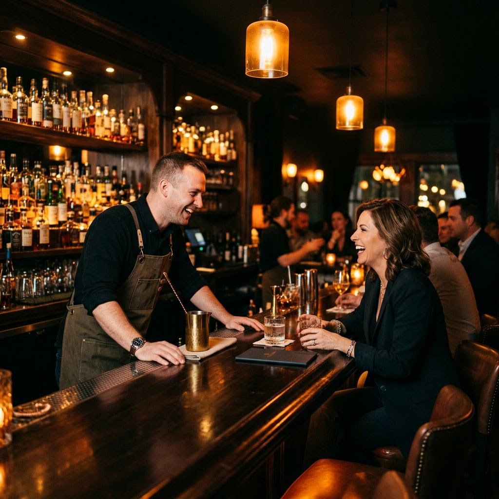 A bartender laughing with a returning guest across a candlelit bar at night