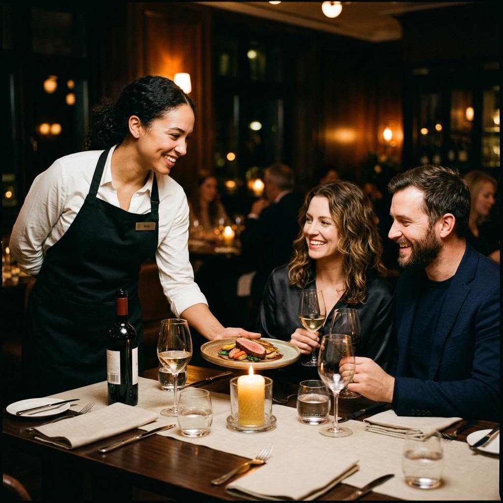 A server presenting a dish to a couple at a candlelit restaurant table